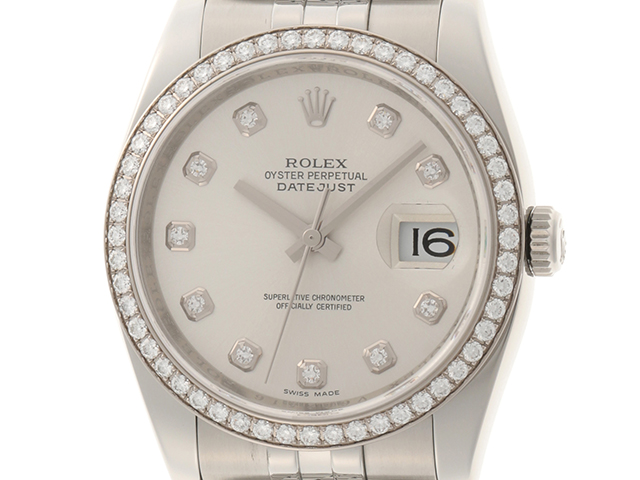 V番 Rolex ロレックス g デイトジャスト メンズ 自動巻き 時計 36ｍｍ シルバー文字盤 10pダイヤ ダイヤベゼル ステンレス ホワイトゴールド ジュビリーブレス 100ｍ防水 472 Huの購入なら 質 の大黒屋 公式