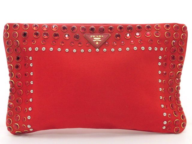 Prada プラダ ビジュースタッズクラッチバッグ クラッチバッグ キャンバス レッド Bp5210 474 の購入なら 質 の大黒屋 公式
