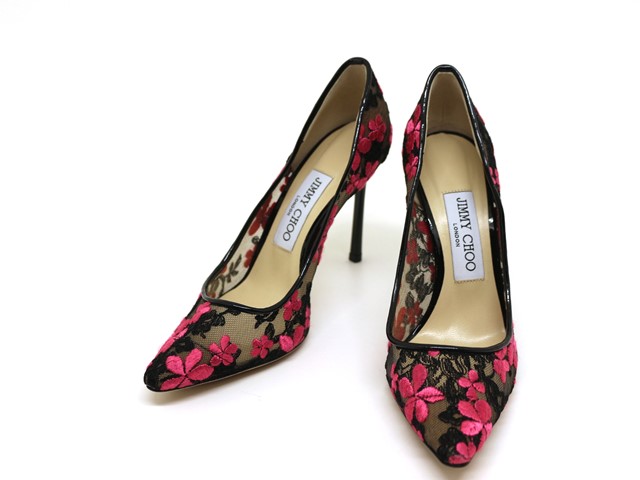 JIMMY CHOO ブラックレザー ハイヒール 37.5 24.5cm美品 Jimmy Choo Black Patent Leather Peep Toe Heels Size 35.5