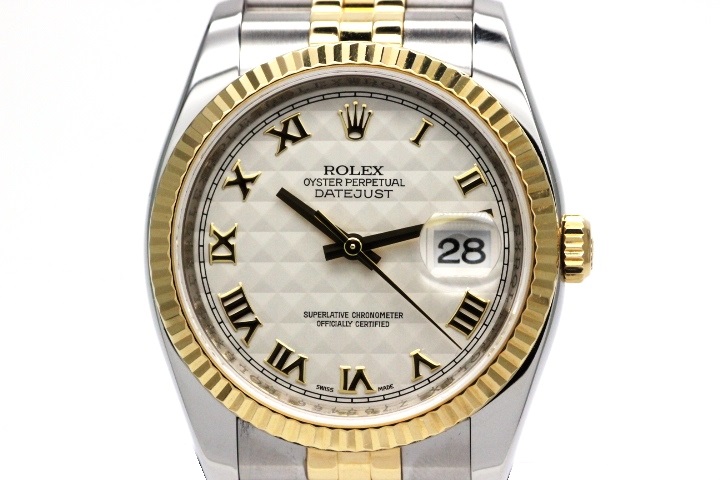 Z番 ルーレット刻印 Rolex ロレックス 時計 メンズ オートマチック デイトジャスト ホワイトピラミッドローマ文字盤 イエローゴールド ステンレス Hk 472 の購入なら 質 の大黒屋 公式