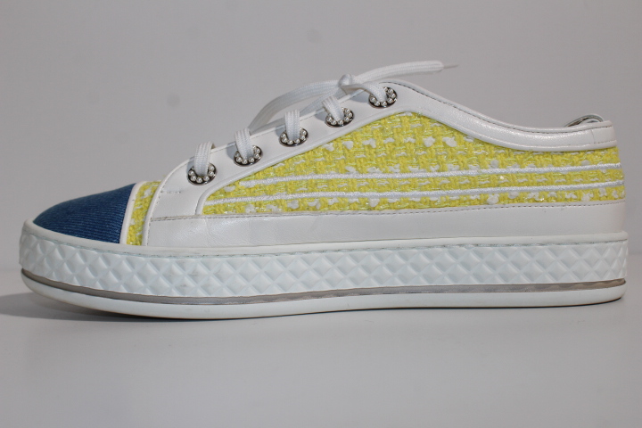 Chanel シャネル スニーカー レディース39 約24 5cm イエロー ブルー ファブリック ココマーク 0 の購入なら 質 の大黒屋 公式